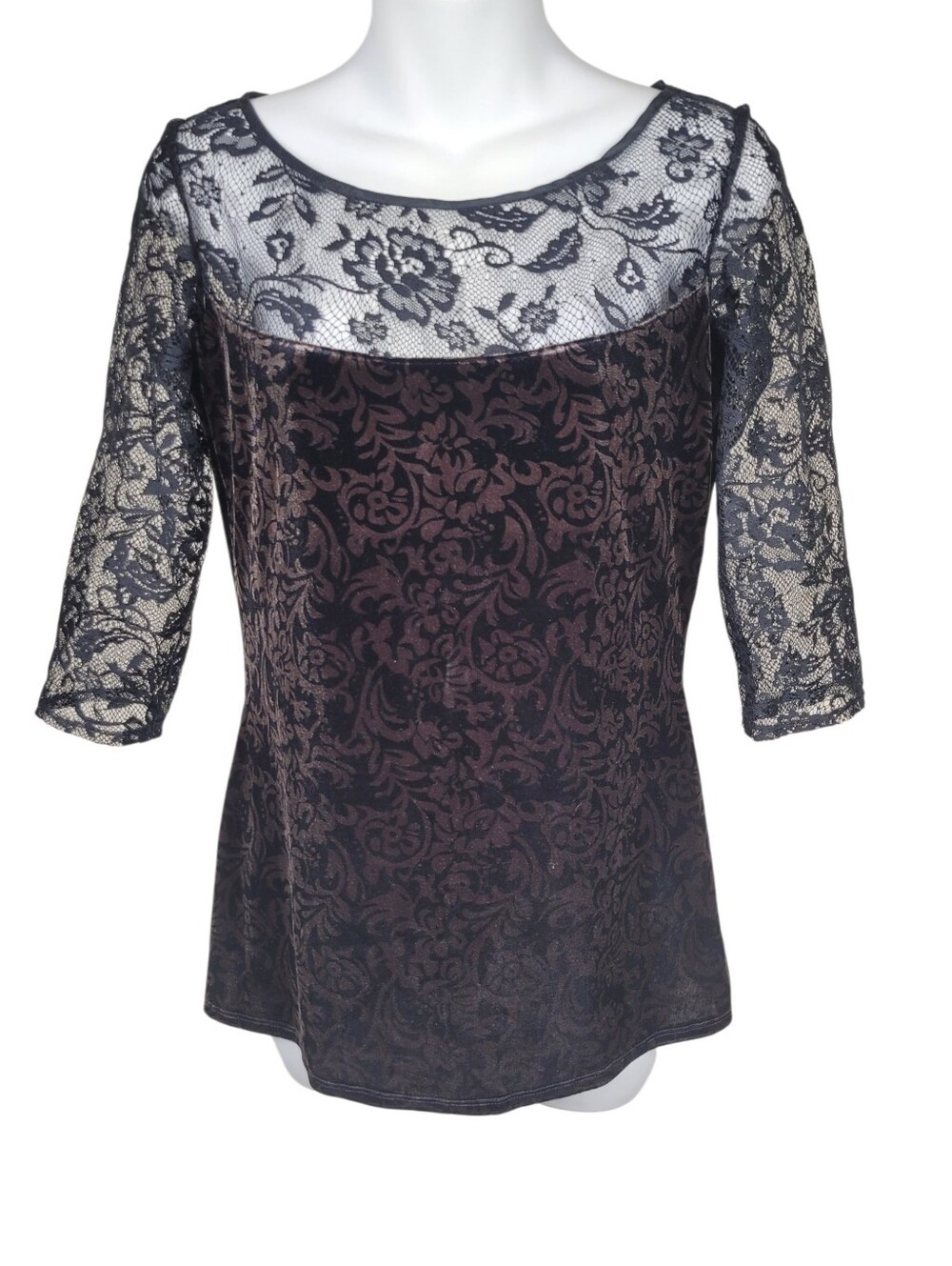 2/$20 Vintage 90s Black Lace Brown Velvet Top Blouse Size: Small